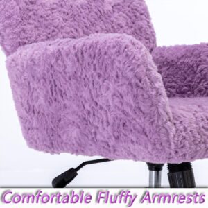 anwickjeff Modern Vanity Desk Chair - Comfy Makeup Chair withBack, Adjustable Height, Gold Feet and Rolling Wheels, Luxurious Faux Rabbit Fur, Perfect for Home Office & Bedroom (Purple)