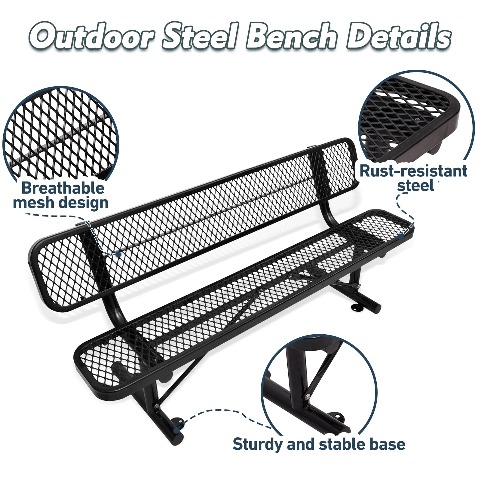 6FT/72'' Heavy Duty Park Bench with Back Portable Frame, Outdoor Metal Park Bench with Backrest, Steel Mesh Outdoor Bench for Garden, Lawn, Patio, Porch, Park, Yard, Black, 72.4" L x 23.2" W x 32.5" H