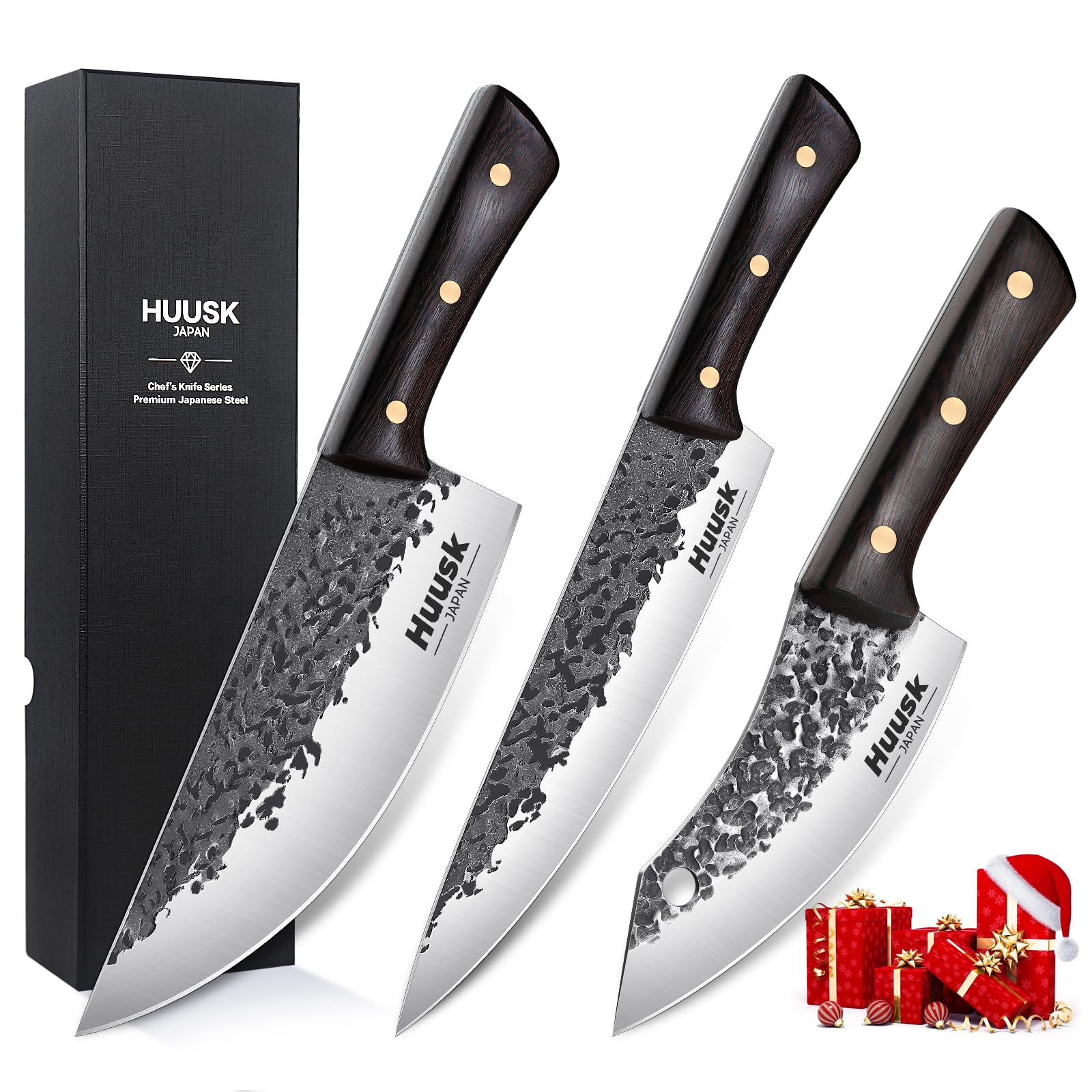 Huusk Knife Set, Hand Forged Chef Knife Set Professional, High Carbon Steel Butcher Knife Set, Camping Cooking Knife Set, Japanese Kitchen Chef Knife Set for Home, Outdoor BBQ, Gift Idea Men