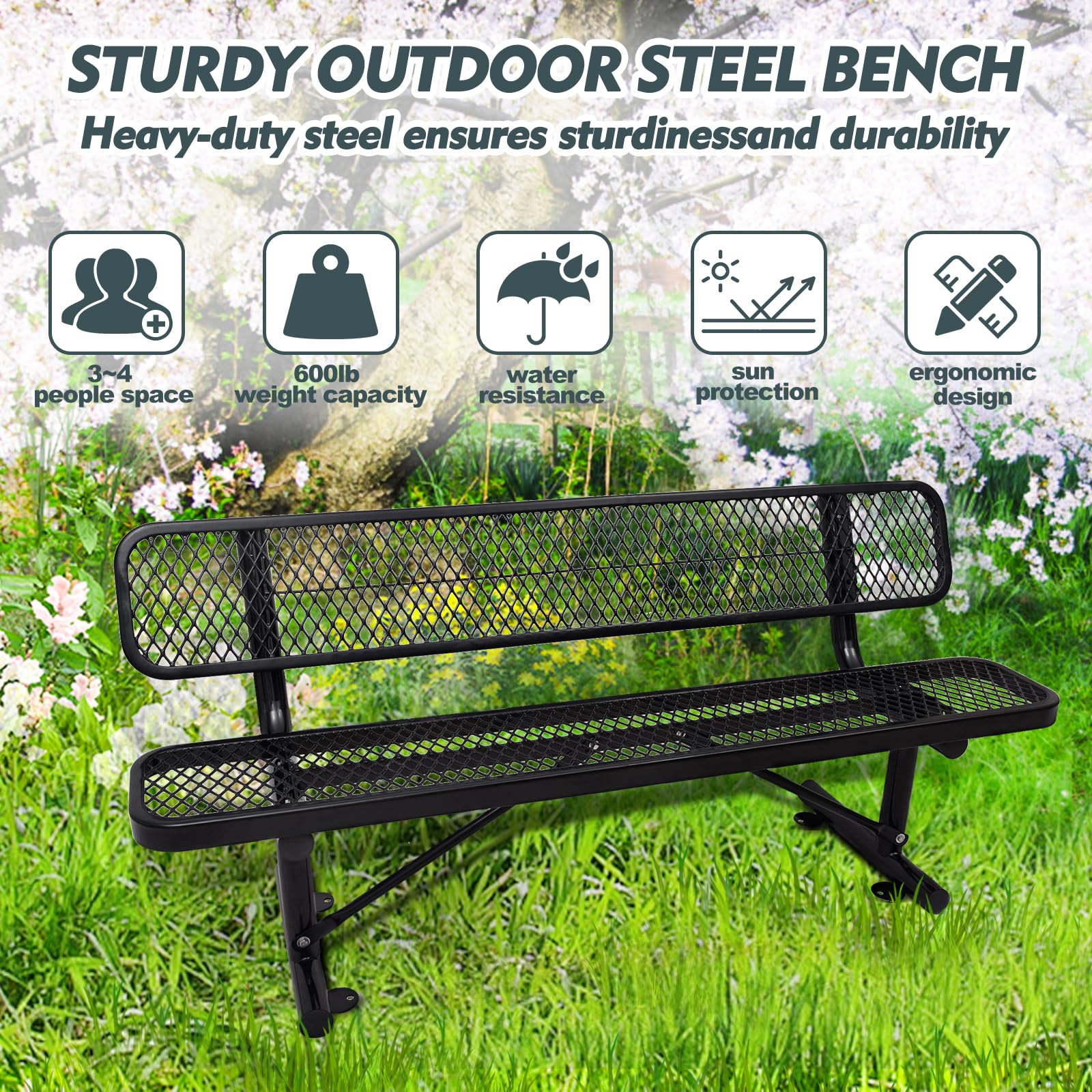 6FT/72'' Heavy Duty Park Bench with Back Portable Frame, Outdoor Metal Park Bench with Backrest, Steel Mesh Outdoor Bench for Garden, Lawn, Patio, Porch, Park, Yard, Black, 72.4" L x 23.2" W x 32.5" H