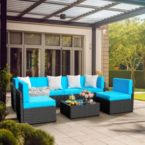 Pamapic 7-Piece Outdoor Furniture,All-Weather Wicker Modular Sectional Sofa with Patio Crystal Coffee Table, Adjustable Reclining Sectional Couch with Washable Removable Cushion Covers, Light Blue