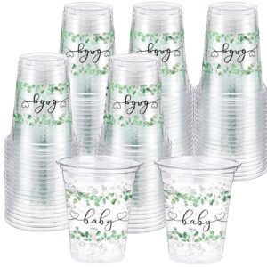 funnymoom 60 pack sage eucalyptus baby shower plastic cups for baby shower party decorations 12 oz greenery baby shower disposable clear cups for baby shower birthday boho greenly party