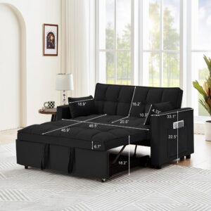 GNIXUU Black Convertible Sofa Bed, Sleeper Sofa Couch w/Pull Out Bed, 55.2" Modern Velvet Loveseat Lounge Sofa Bed w/Pillows & Adjustable Backrest for Small Space, Living Room, Apartment