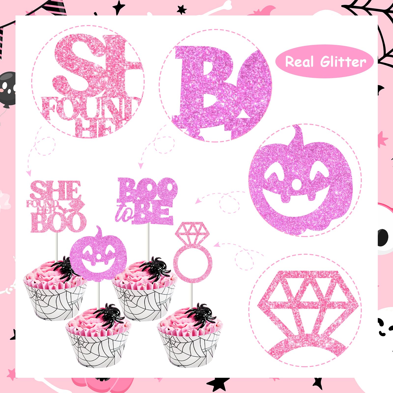 JOYMEMO 36 Pcs Halloween Bachelorette Cupcake Toppers Pink Purple - She Found Her Boo Bridal Shower Decorations, Boo to Be Cake Decorations for Engagement Party