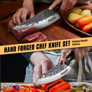 Huusk Knife Set, Hand Forged Chef Knife Set Professional, High Carbon Steel Butcher Knife Set, Camping Cooking Knife Set, Japanese Kitchen Chef Knife Set for Home, Outdoor BBQ, Gift Idea Men