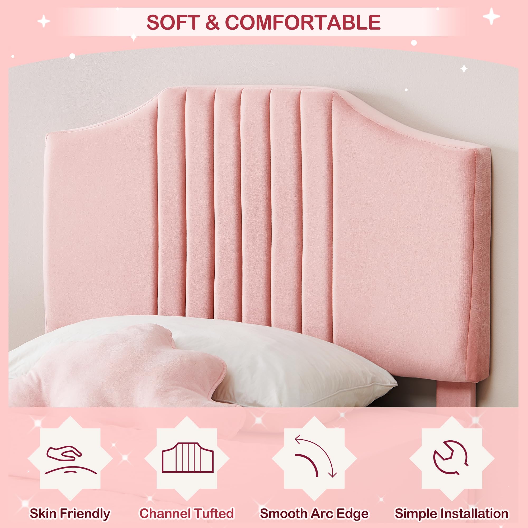 coucheta Twin Bed Frame, Velvet Upholstered Platform Bed Frame with Headboard, Wooden Slats Support, Velvet Fabric Anti Slip and Noise Free, No Box Spring Needed, Easy Assembly, Pink