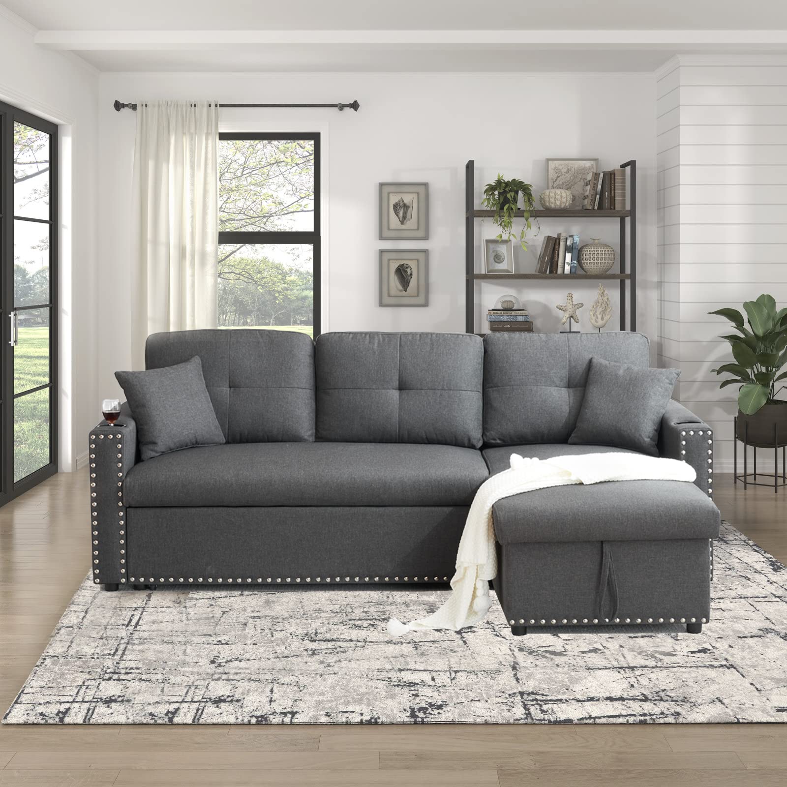 asunflower Sleeper Sofa with Pull Out Couch Small Sectional Sofa with Storage Chaise, Convertible Sleeper Couch Bed for Living Room Apartment L Shape Bedroom Sleeper,Grey