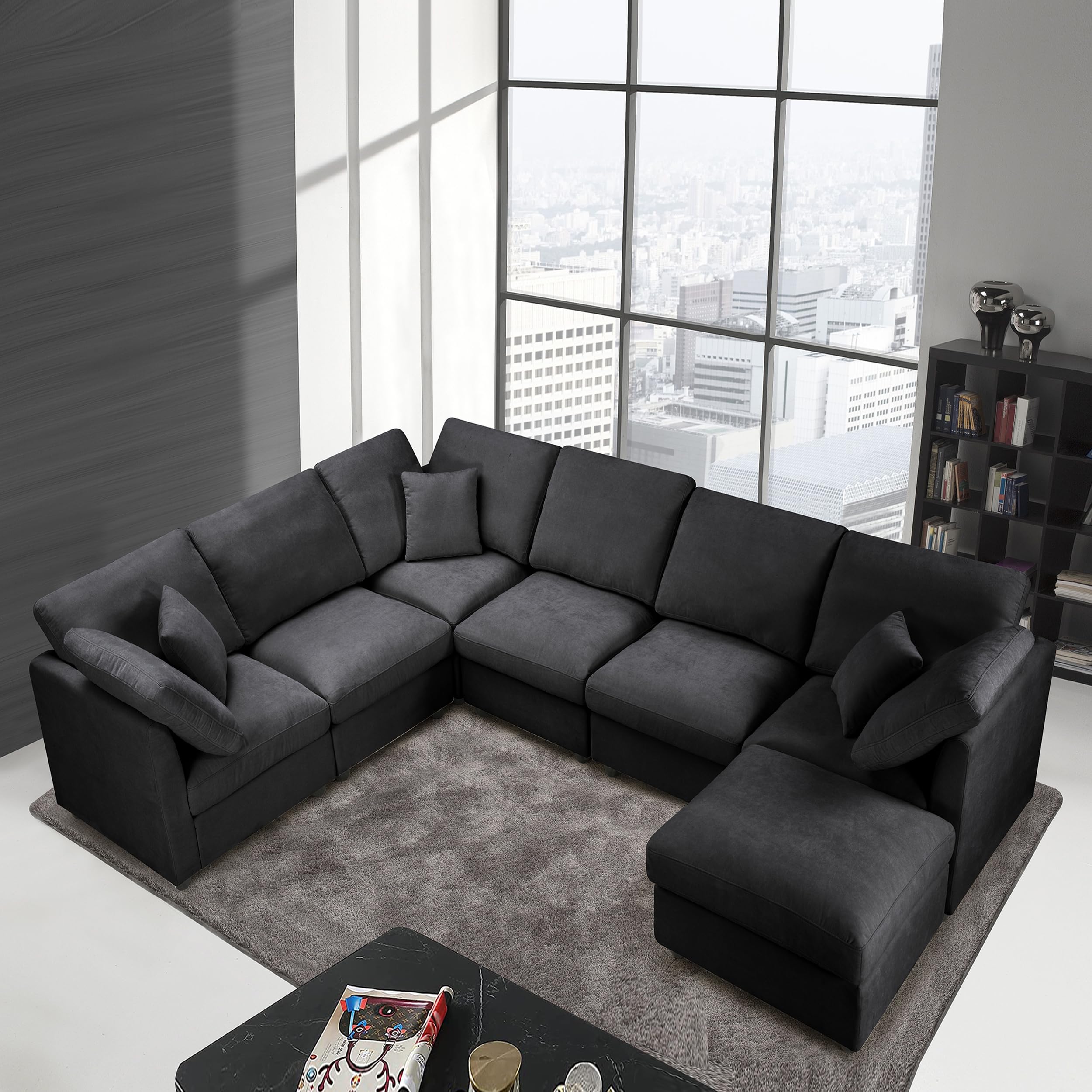 117" Modular Sectional Sofa,U Shaped Chenille Sofa Set with Movable Ottoman,Modern 7-Seat Cloud Sectional Couches for Living Room Home Office (Black, 117" U-7 Seater)