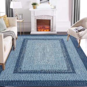 GAOMON Braided Rug 6x9 Washable Rug Braided Print Accent Rug Vintage Living Room Rug Low Pile Non Slip Indoor Carpet Non-Shedding Aesthetic Foldable Rug for Bedroom Farmhouse Office Nursery Blue