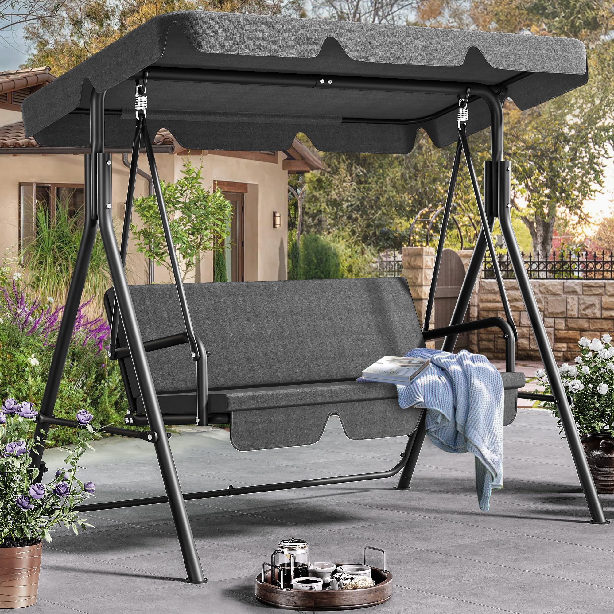 DWVO Patio Swing Front Porch Swing for Adults 3 Seat Porch Swings with Adjustable Canopy Outside Swing Bench with Removable Cushion, Suitable for Backyard, Garden, Yard, Poolside, Balcony (Gray)