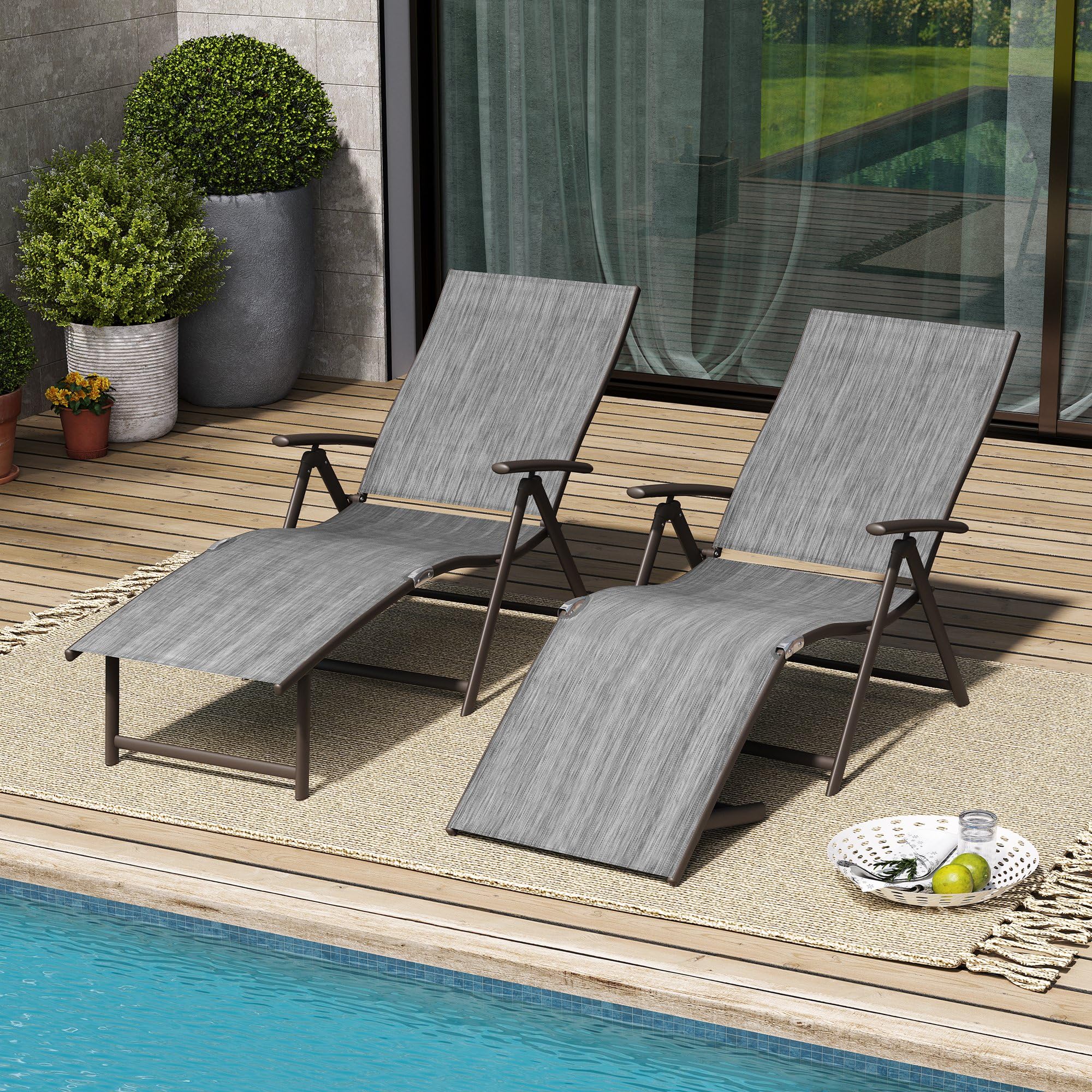 VredHom 4PCS Patio Chaise Lounge Outdoor Folding Adjustable Lounge Chair Recliner with 8 Adjustable Backrest Positions for Pool Beach Yard, Dark Gray Textliene and Brown Aluminum Frame