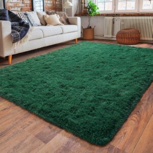 dssimo super fluffy area rug for bedroom, 4x6 feet modern shag green rugs, soft and cozy plush carpet for kids,girls boys and teens decorations for living room dorm nursery classroom, dark green