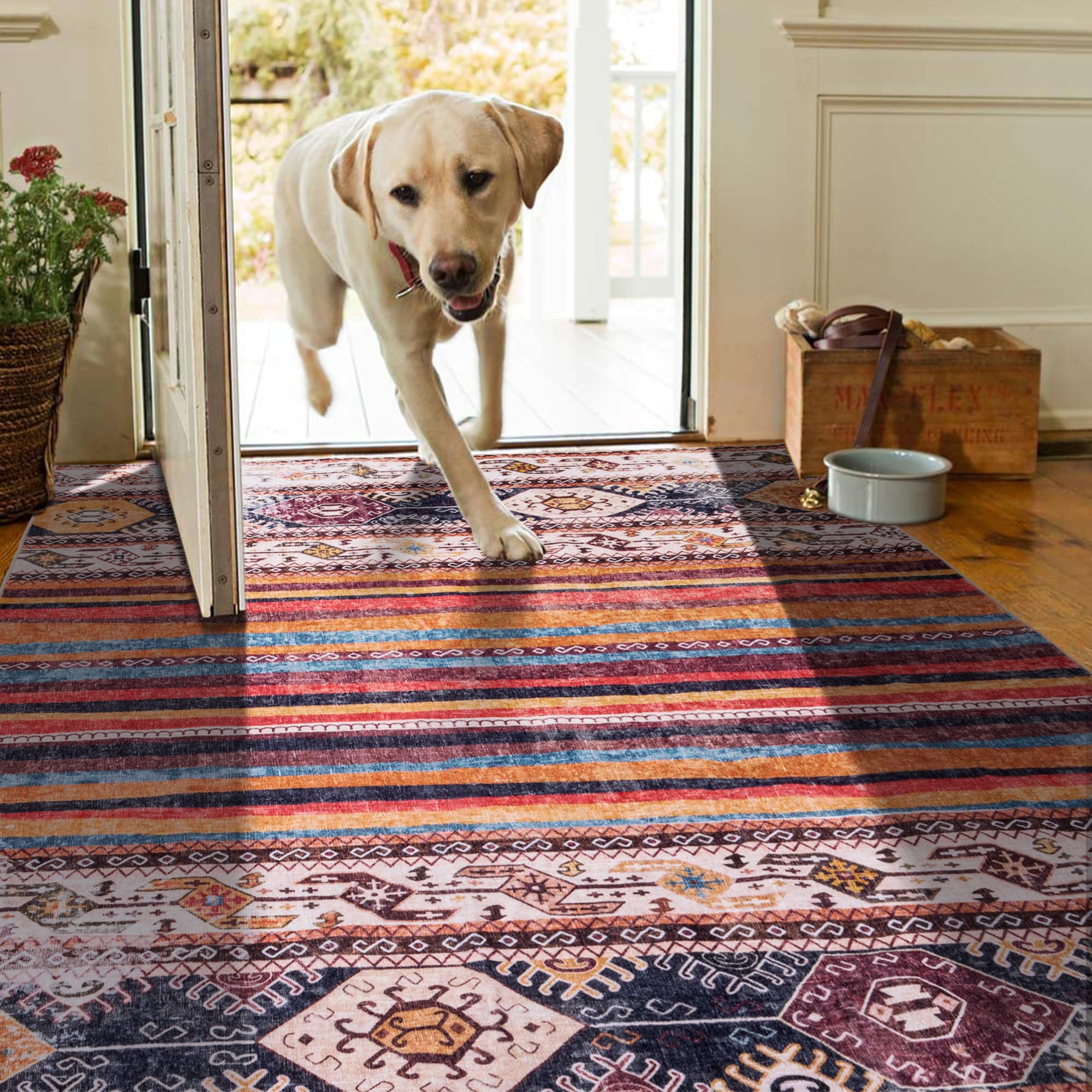 Washable Rug 6x9 Stripe Boho Area Rug, Vintage Living Room Rug Indoor Non-Slip Non-Shedding Soft Foldable Faux Wool Large Area Rug for Bedroom, Dining Room, Farmhouse, Kids Playroom(Cream/Mix)