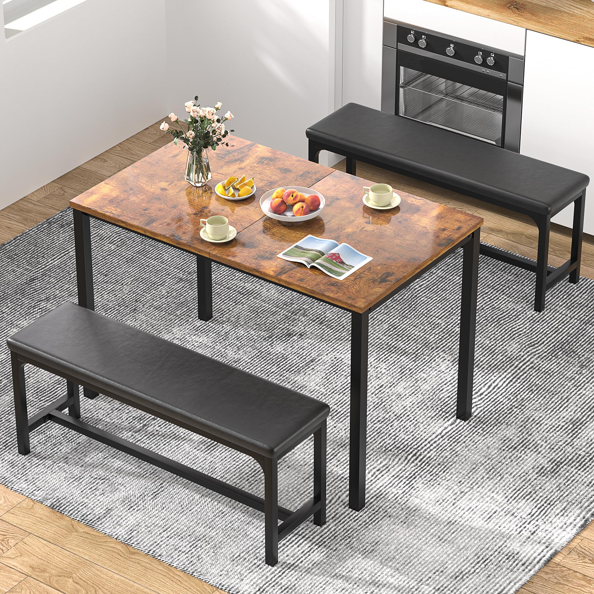 VECELO 3-Piece 63" Extendable Kitchen Table with Benches/Chairs, Modern Breakfast Dinette/Dining Room Set for 4/6/2, Small Space Saving Design, Easy Assembly