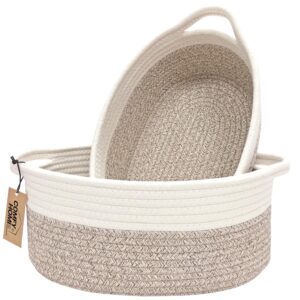 COMFY-HOMI 2-Piece Small Woven Storage Basket for Organizing| Gift Basket for Empty | Toy Storage Bin Basket | Cotton Rope Basket with Handles for Dog Toys for Living Room, Bedroomt -White/Brown