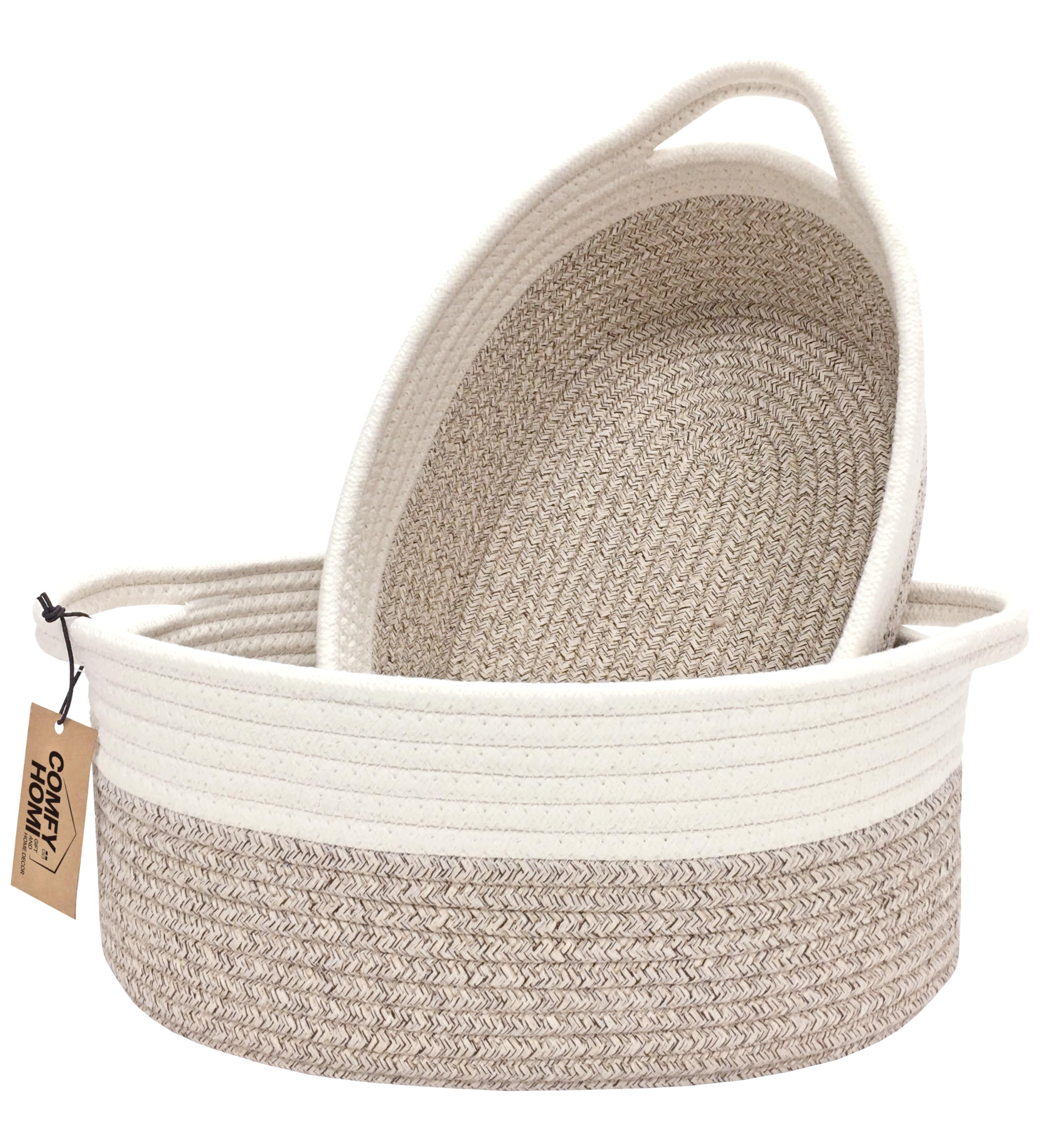 COMFY-HOMI 2-Piece Small Woven Storage Basket for Organizing| Gift Basket for Empty | Toy Storage Bin Basket | Cotton Rope Basket with Handles for Dog Toys for Living Room, Bedroomt -White/Brown