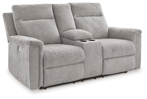 Signature Design by Ashley Barnsana Minimalist Power Reclining Loveseat with Console and USB Charging Ports, Light Gray