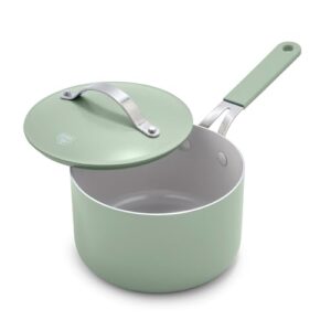 greenlife dream 2-quart ceramic nonstick saucepan with lid, pfas-free & pfoa-free, dishwasher & oven safe, stay-cool handle, durable aluminum body, easy clean, versatile cooking, sage green