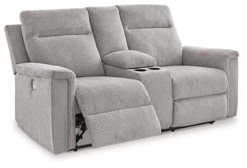 Signature Design by Ashley Barnsana Minimalist Power Reclining Loveseat with Console and USB Charging Ports, Light Gray