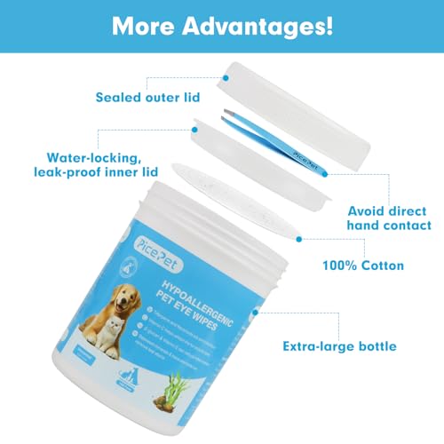 PICE PET Hypoallergenic Eye Wipes for Dog & Cats, Plant-Based Tear Stain Remover for Discharge, Crust, Allergies, Itching, Unscented,100 Count