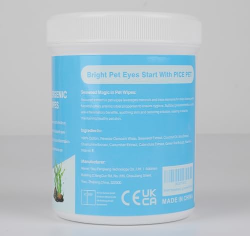 PICE PET Hypoallergenic Eye Wipes for Dog & Cats, Plant-Based Tear Stain Remover for Discharge, Crust, Allergies, Itching, Unscented,100 Count