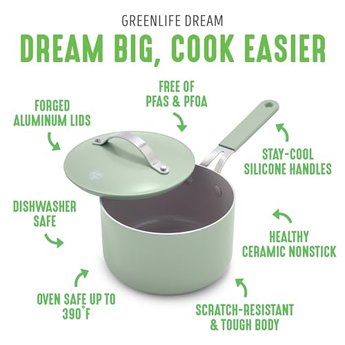 GreenLife Dream 2-Quart Ceramic Nonstick Saucepan with Lid, PFAS-Free & PFOA-Free, Dishwasher & Oven Safe, Stay-Cool Handle, Durable Aluminum Body, Easy Clean, Versatile Cooking, Sage Green