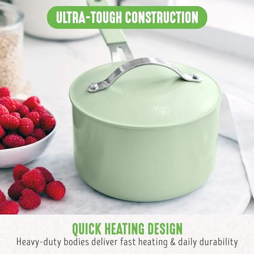 GreenLife Dream 2-Quart Ceramic Nonstick Saucepan with Lid, PFAS-Free & PFOA-Free, Dishwasher & Oven Safe, Stay-Cool Handle, Durable Aluminum Body, Easy Clean, Versatile Cooking, Sage Green