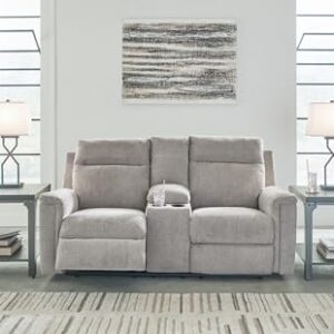 Signature Design by Ashley Barnsana Minimalist Power Reclining Loveseat with Console and USB Charging Ports, Light Gray