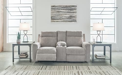 Signature Design by Ashley Barnsana Minimalist Power Reclining Loveseat with Console and USB Charging Ports, Light Gray