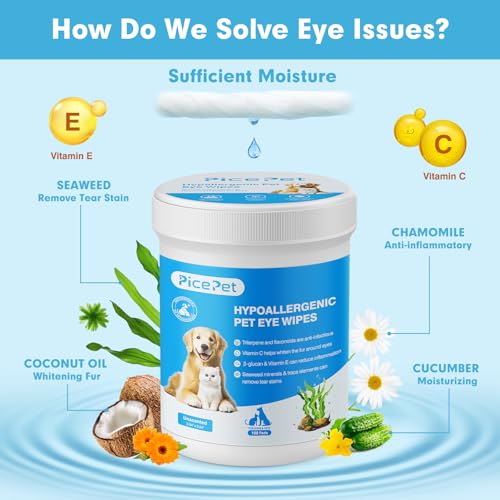 PICE PET Hypoallergenic Eye Wipes for Dog & Cats, Plant-Based Tear Stain Remover for Discharge, Crust, Allergies, Itching, Unscented,100 Count