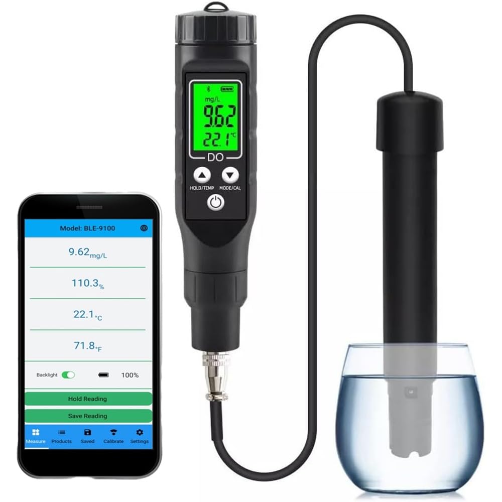 Generic Dissolved Oxygen Meter, Dissolved Oxygen Test Kit with Pen Shaped Polarographic Probe, Portable DO Tester for Aquarium Aquaculture Water Test, Bluetooth App Control, DO Range 0.0‑30.0mg/L