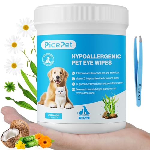 PICE PET Hypoallergenic Eye Wipes for Dog & Cats, Plant-Based Tear Stain Remover for Discharge, Crust, Allergies, Itching, Unscented,100 Count