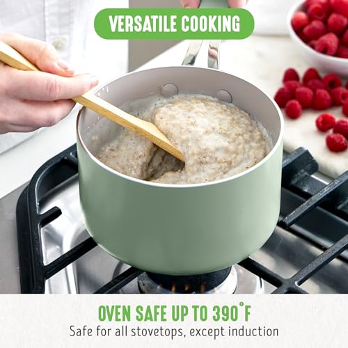 GreenLife Dream 2-Quart Ceramic Nonstick Saucepan with Lid, PFAS-Free & PFOA-Free, Dishwasher & Oven Safe, Stay-Cool Handle, Durable Aluminum Body, Easy Clean, Versatile Cooking, Sage Green