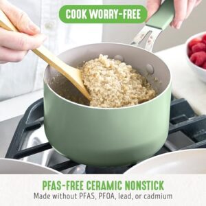 GreenLife Dream 2-Quart Ceramic Nonstick Saucepan with Lid, PFAS-Free & PFOA-Free, Dishwasher & Oven Safe, Stay-Cool Handle, Durable Aluminum Body, Easy Clean, Versatile Cooking, Sage Green