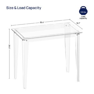 HMYHUM Small Acrylic Computer Desk, 35.4 Inch, Clear Study Desk for Home Office, Writing, Vanity, Modern, Easy Assembly, 19.7" W x 29.5" H, Right-Angle Legs Design