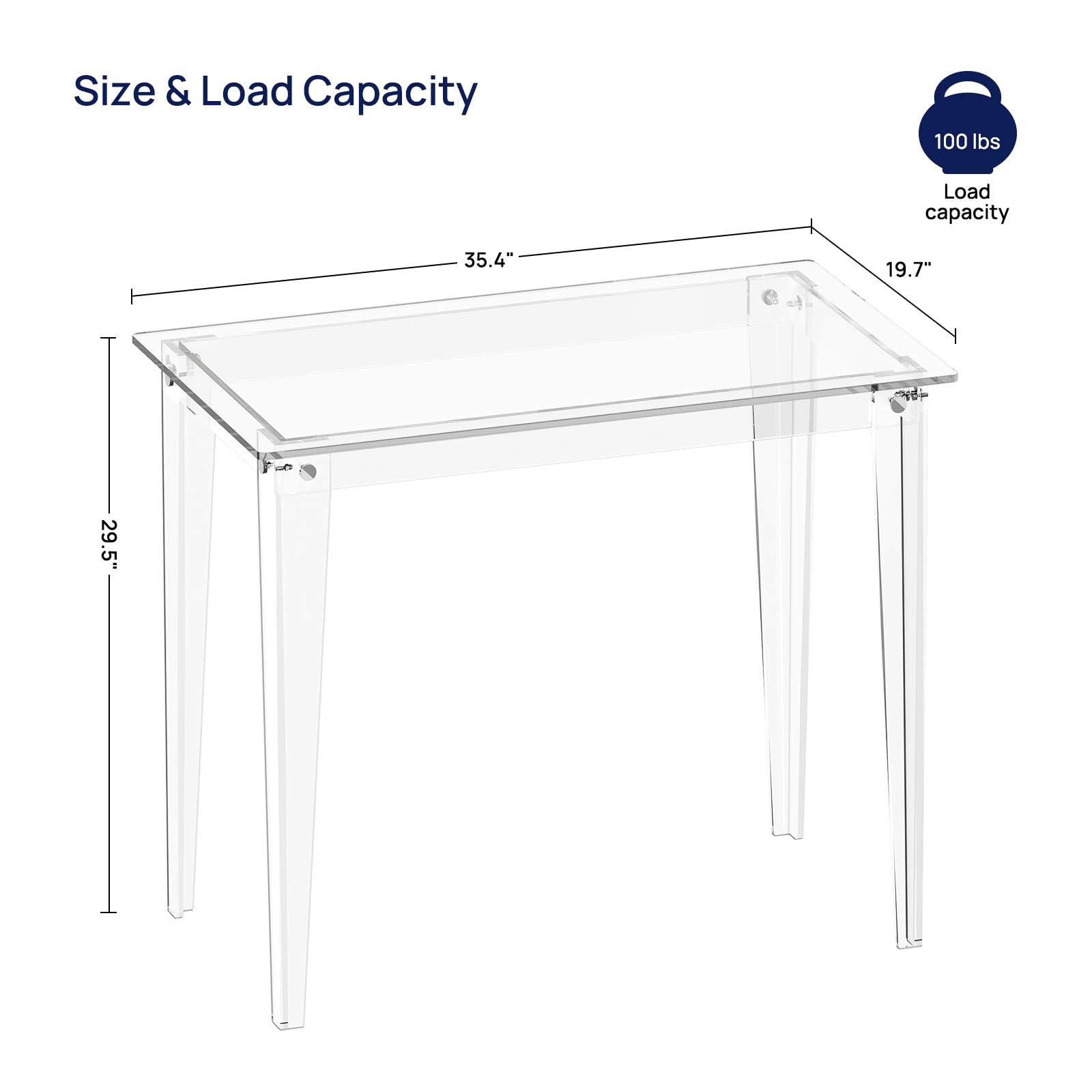 HMYHUM Small Acrylic Computer Desk, 35.4 Inch, Clear Study Desk for Home Office, Writing, Vanity, Modern, Easy Assembly, 19.7" W x 29.5" H, Right-Angle Legs Design