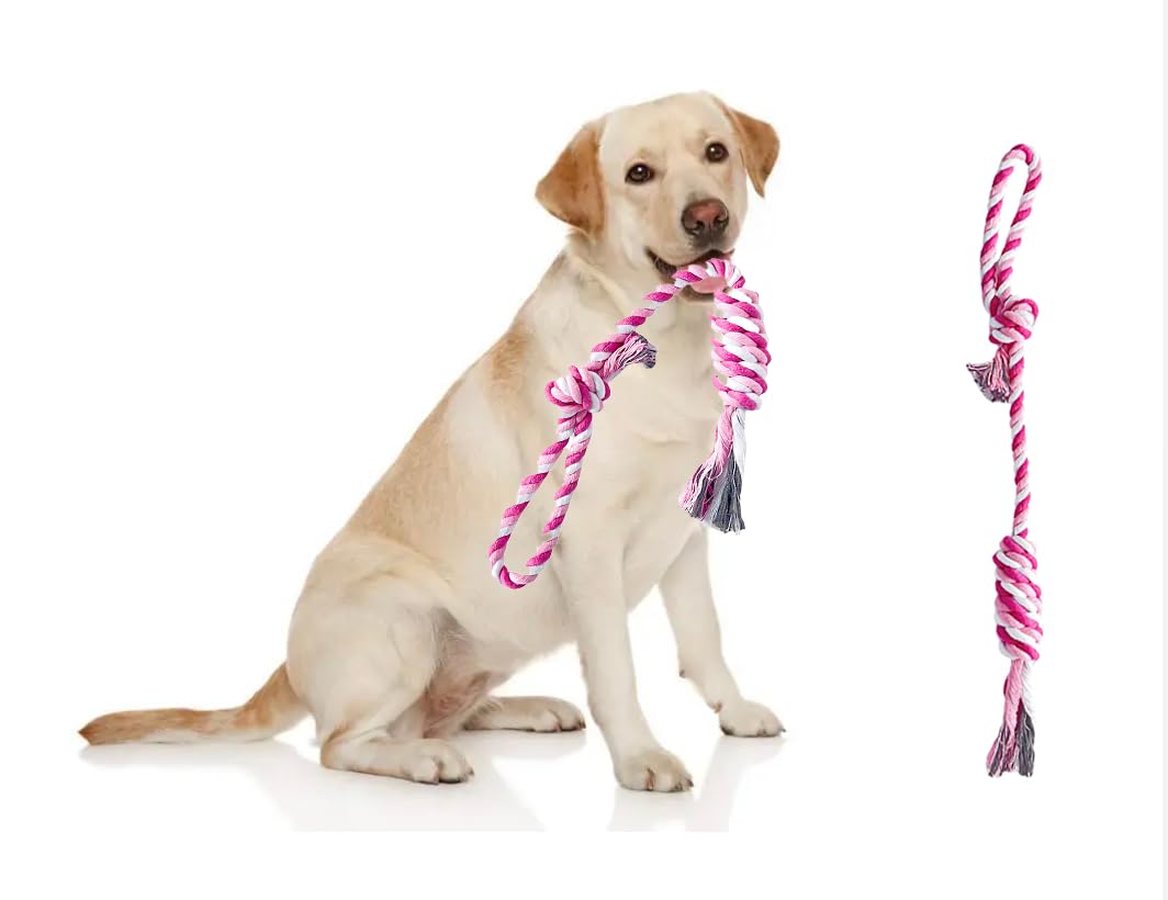 Flossy Chews Rope Tug Dog Rope Toys for Large and Medium Aggressive Chewers, Heavy Duty for Large Breed, Indestructible Dog Chew Toys, Tug of War, 100% Cotton Teeth Cleaning (Pink White, Large 17.8")