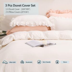 3 Pcs Duvet Cover King Size - 1 White Ruffle Duvet Comforter Cover with 2 Shabby Pillow Cases Ultra Soft Decorative Farmhouse Zipper Closure Breathable Quilt Cover Set Washed Cotton Bedding Bag Set