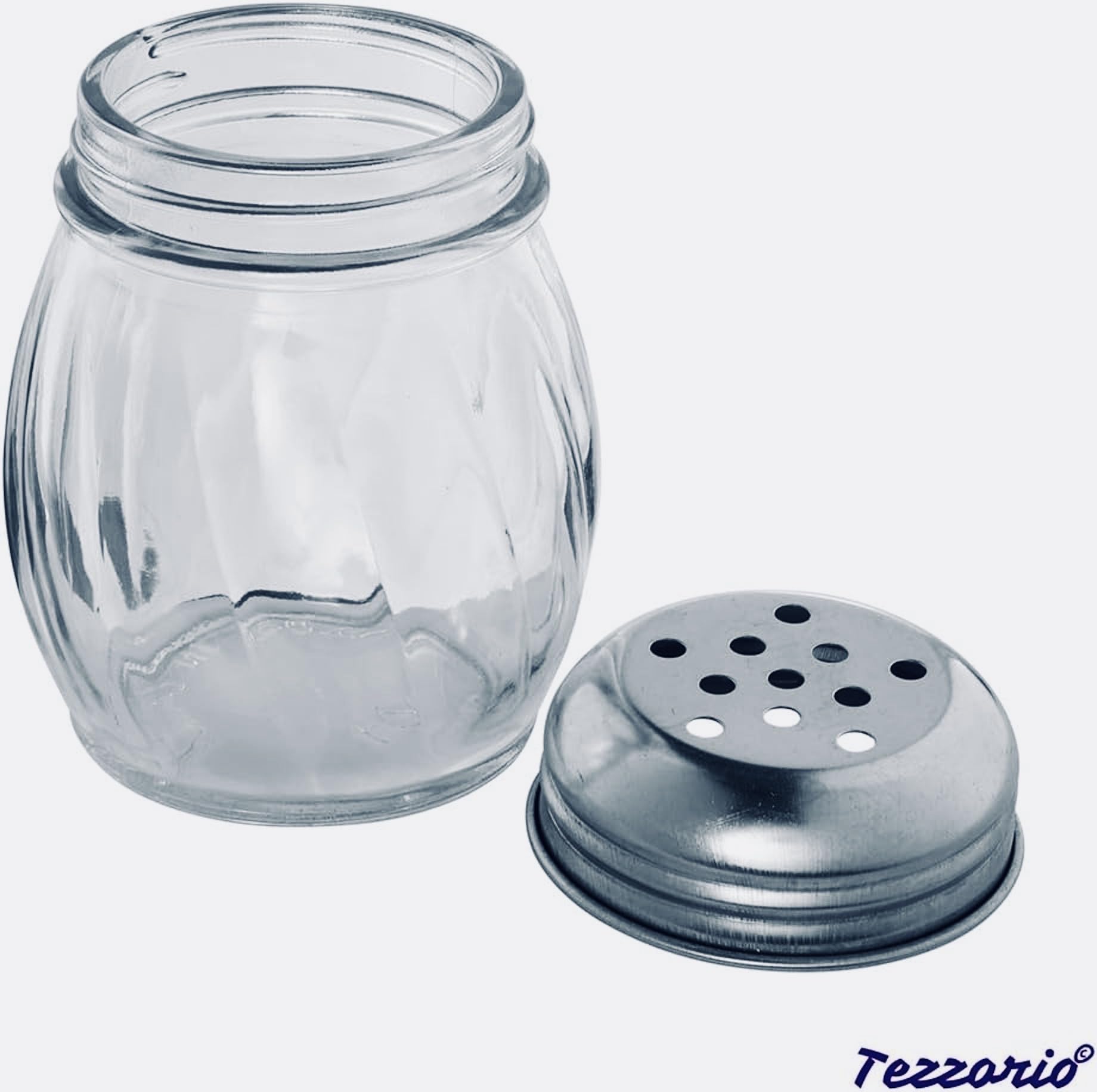 Tezzorio (Set of 12) 6-Ounce Polycarbonate Cheese Shaker with Perforated Top, Swirl Cheese Shakers with Stainless Steel Lids, Restaurant Cheese and Spices Shakers