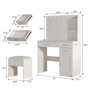 HUAHUU Vanity Desk with Lights, 37inch Makeup Vanity Desk with Mirror & Power Outlet, 3 Colors Lighting Adjustable Brightness, Makeup Vanity Set with Cushioned Chair and Cabinet, 3 Drawers, White