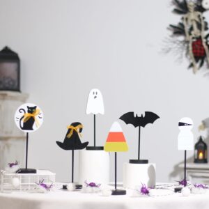 JIALEIXI Halloween Decorations, 6PCS Wooden Sign Tabletop Centerpieces Decorations Include Ghost/Bat/Black Cat/Witch Hat, for Home Farmhouse Indoor Party Decor.