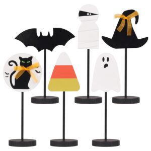 jialeixi halloween decorations, 6pcs wooden sign tabletop centerpieces decorations include ghost/bat/black cat/witch hat, for home farmhouse indoor party decor.