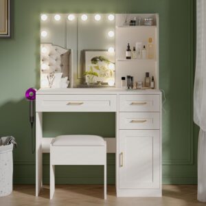 HUAHUU Vanity Desk with Lights, 37inch Makeup Vanity Desk with Mirror & Power Outlet, 3 Colors Lighting Adjustable Brightness, Makeup Vanity Set with Cushioned Chair and Cabinet, 3 Drawers, White