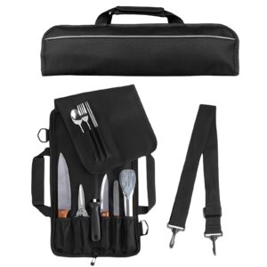 bliritel chef knife roll bag, 6 slots knife organizer holds 5 knives plus a protected pouch for your knife steel, knife carrier case with handle and shoulder strap (bag only)