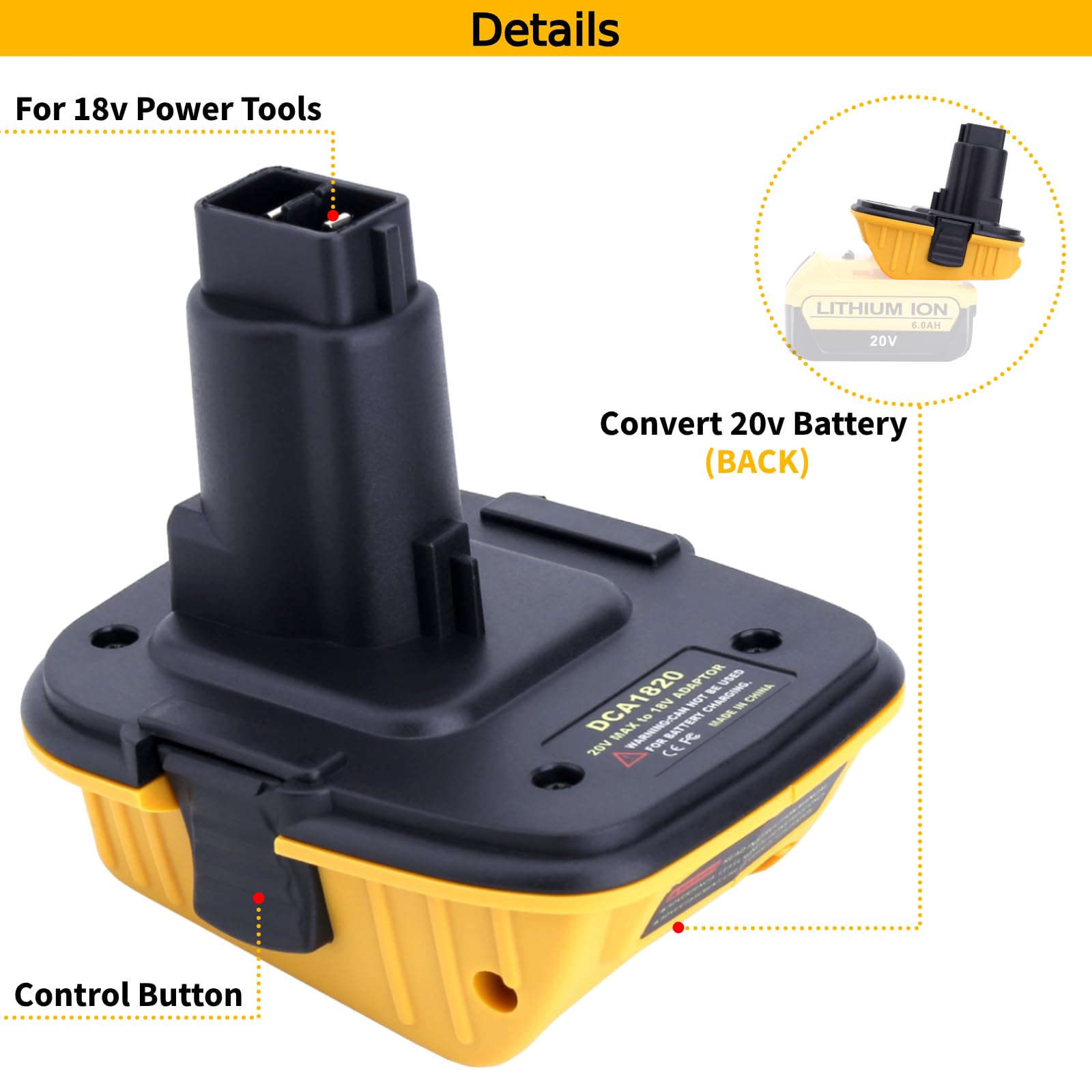 Tulepowceeng 2 Packs DCA1820 Battery Adapter Compatible with Dewalt 18V Tools, Convert Compatible with Dewalt 20V Lithium Batteries DCB203 DCB204 DCB206 to Work with 18V Cordless Power Tools