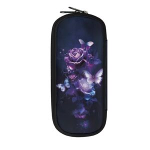 tsovthrid purple rose flowers butterflies pencil case box, big capacity pen pouch pencil holder for preschool kindergarten elementary middle school student