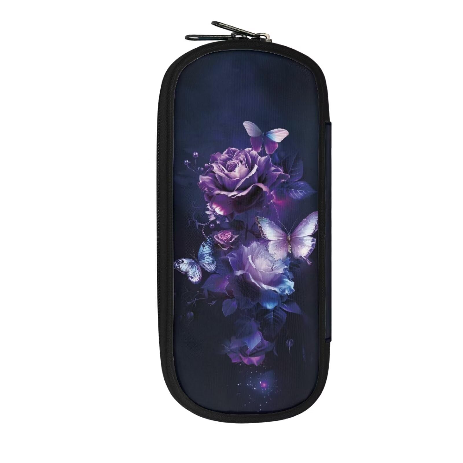 TSOVTHRID Purple Rose Flowers Butterflies Pencil Case Box, Big Capacity Pen Pouch Pencil Holder for Preschool Kindergarten Elementary Middle School Student