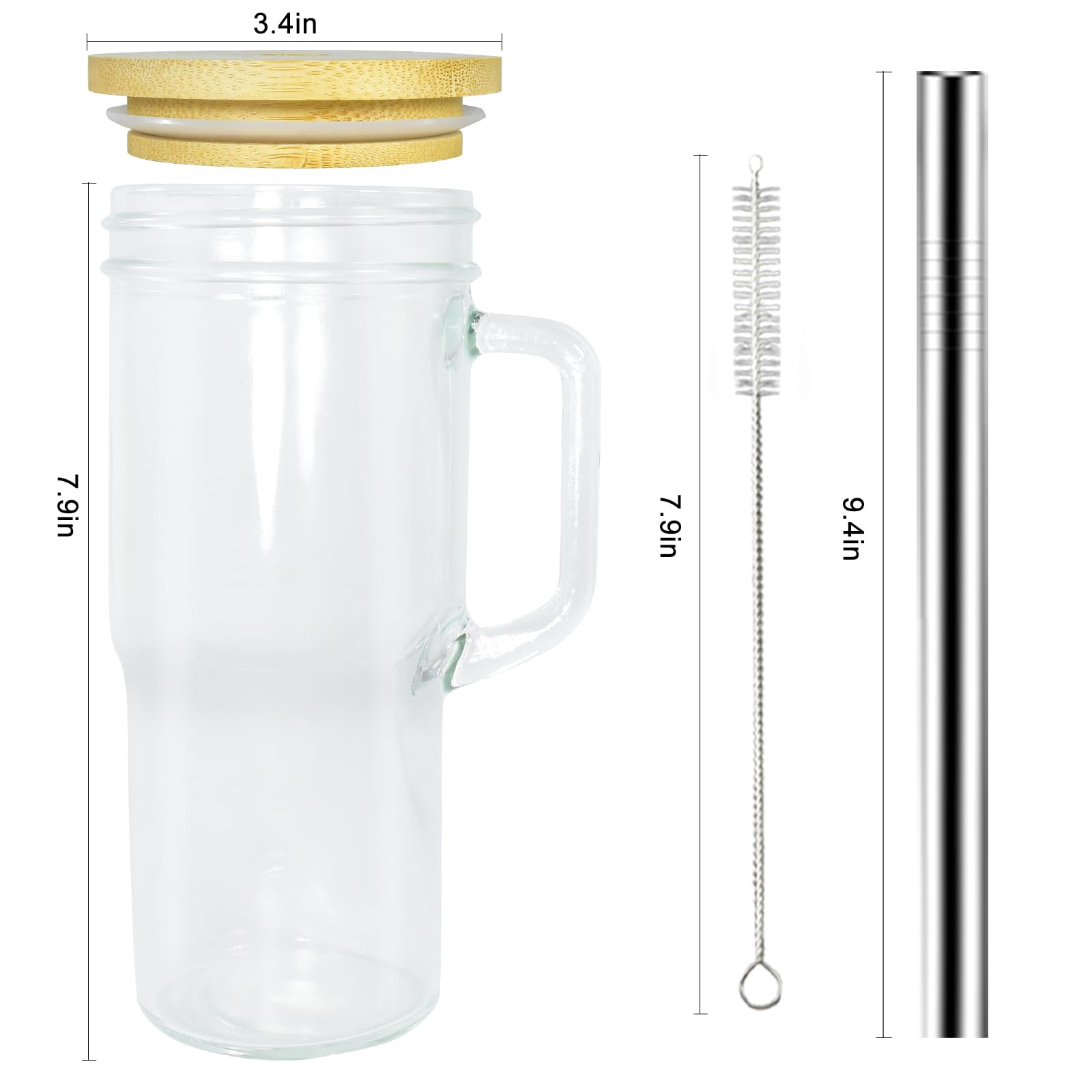 CHLJAR 4Pcs Glass Cups with Lids and Straws, 24oz Mason Jar Iced Coffee Cup Drinking Jars Glasses Tumbler with Handle Bamboo Lids Wide Mouth Travel Mug for Bubble Tea, Iced Coffee, Smoothie, Beer