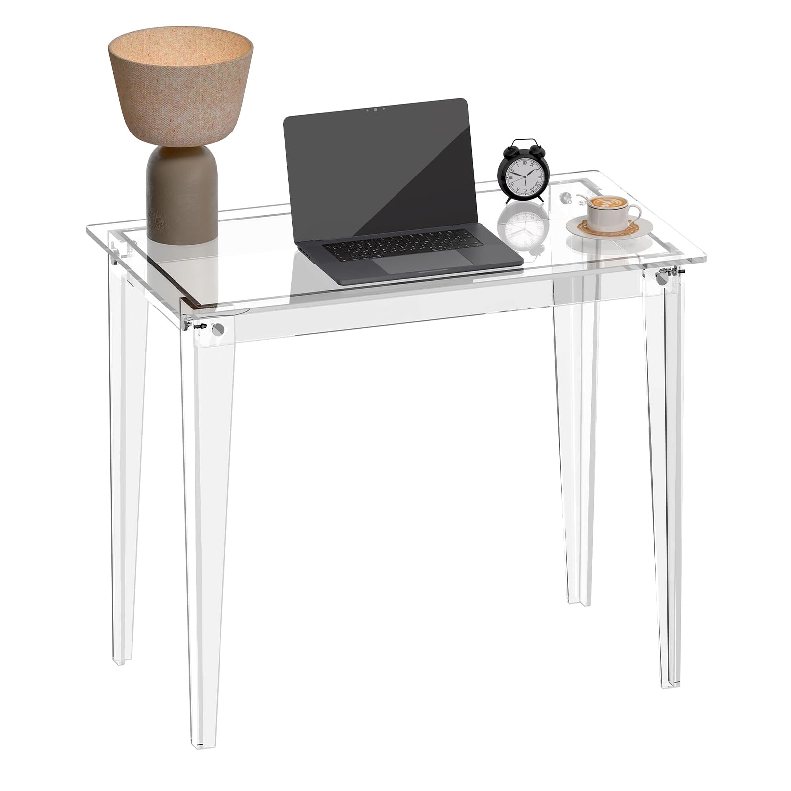 HMYHUM Small Acrylic Computer Desk, 35.4 Inch, Clear Study Desk for Home Office, Writing, Vanity, Modern, Easy Assembly, 19.7" W x 29.5" H, Right-Angle Legs Design