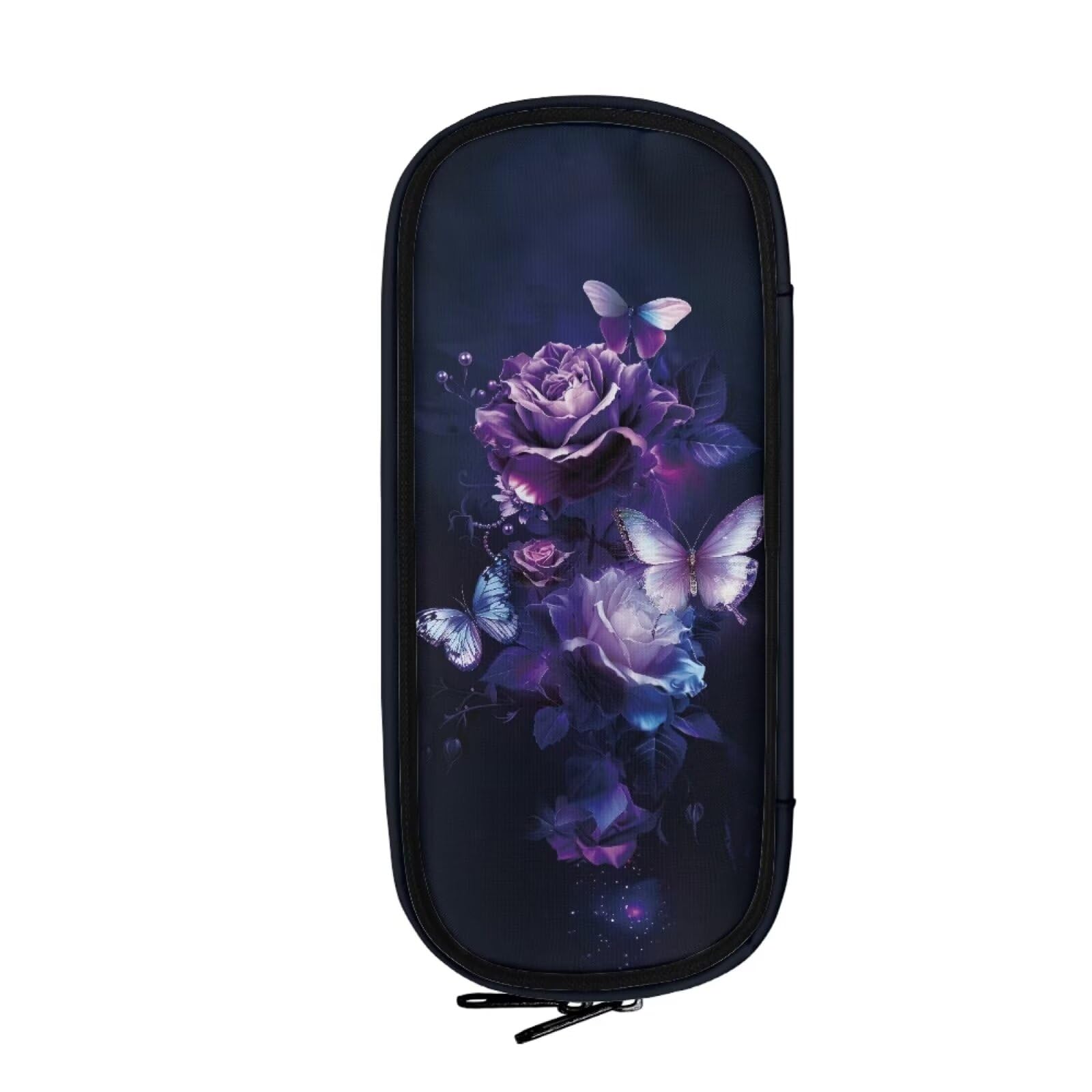 TSOVTHRID Purple Rose Flowers Butterflies Pencil Case Box, Big Capacity Pen Pouch Pencil Holder for Preschool Kindergarten Elementary Middle School Student